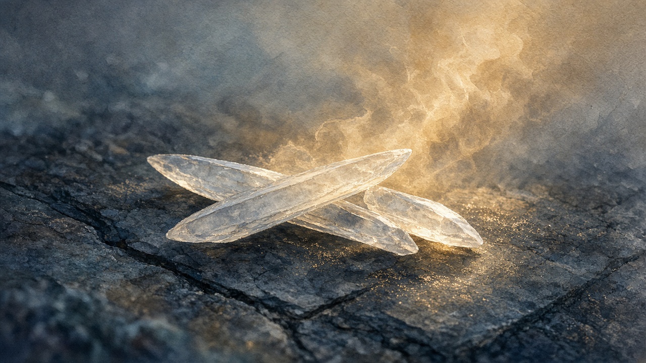 Watercolor-style illustration of white needle-like crystals warming on a dark surface