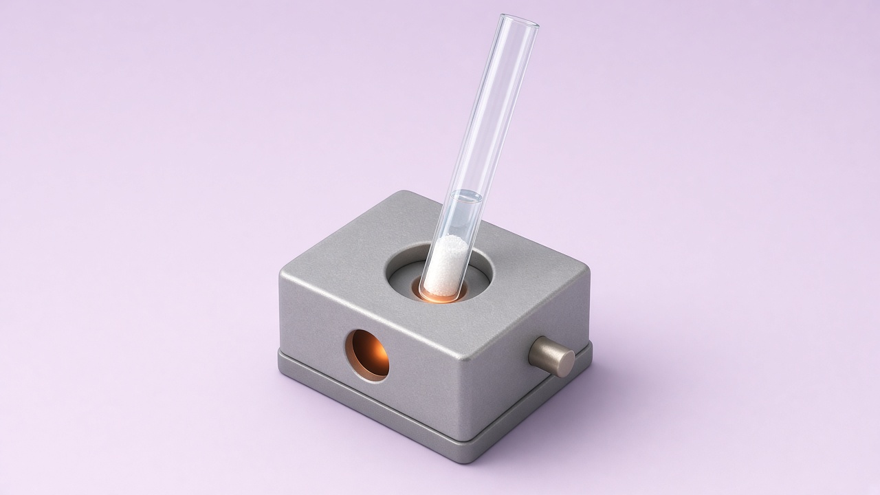 Isometric illustration of a capillary tube of white powder melting in a heated block