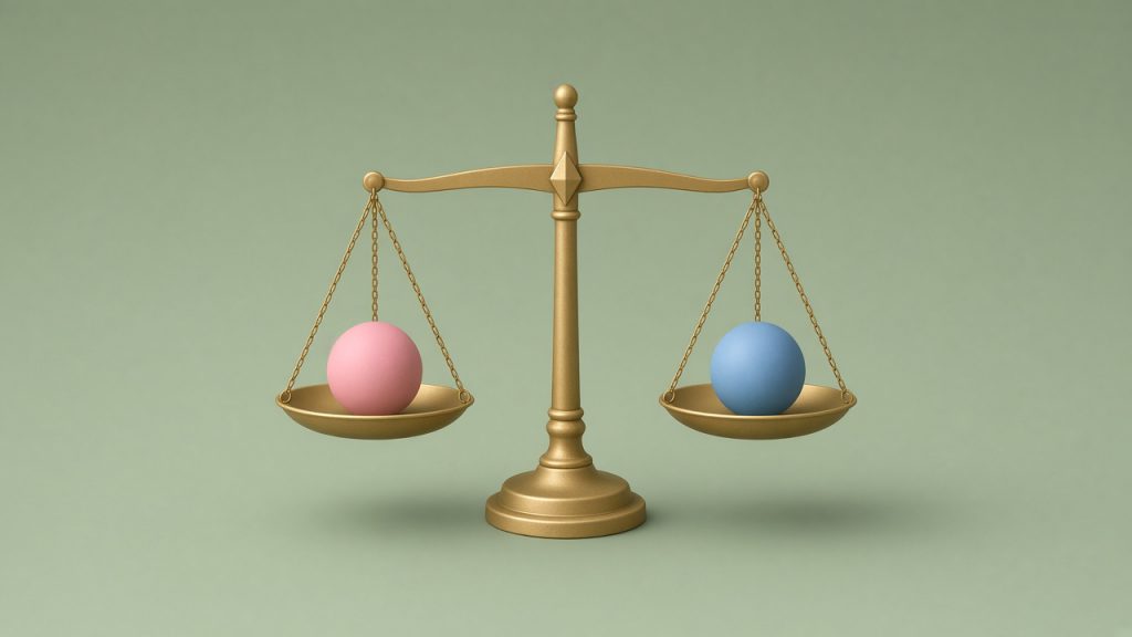 Level balance scale holding a pink sphere and a blue sphere