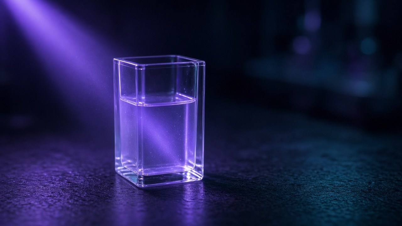 Illustration of a glass cuvette of clear liquid glowing faintly violet in a dark lab