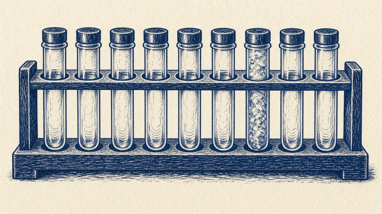 Linocut-style illustration of glass vials in a rack, one slightly cloudy