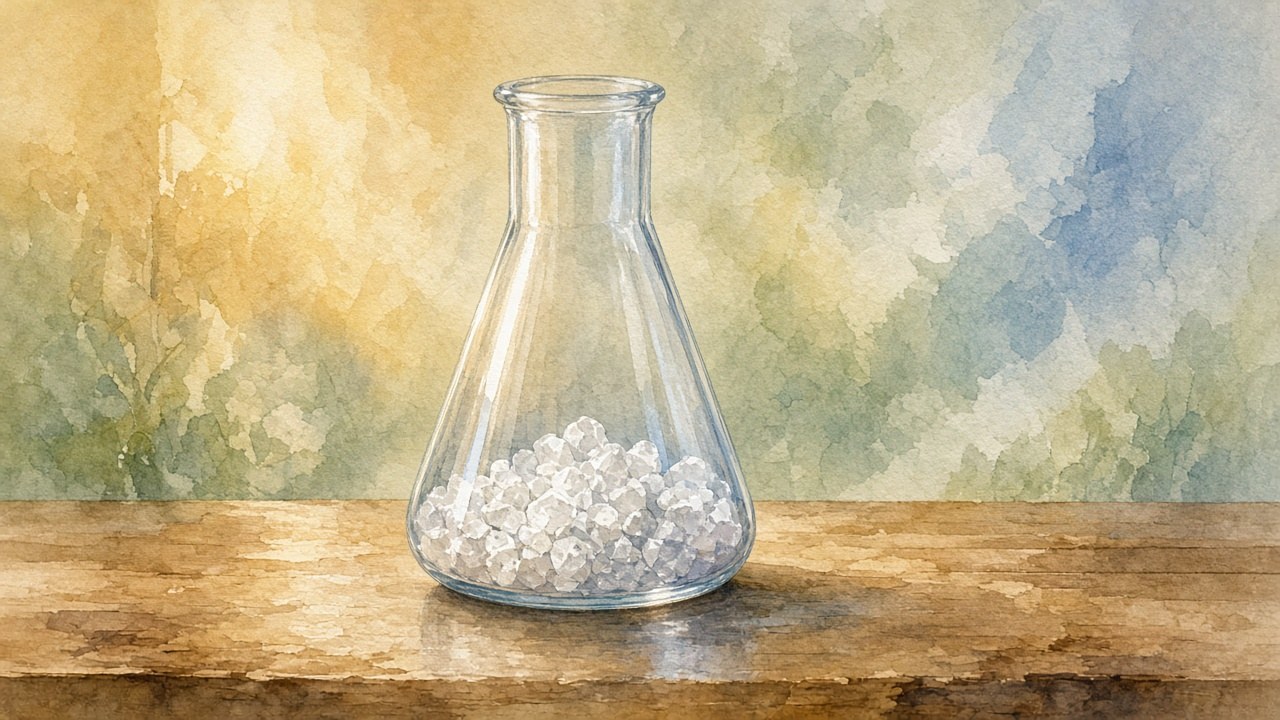 Watercolour illustration of a glass flask of white crystals on a wooden bench