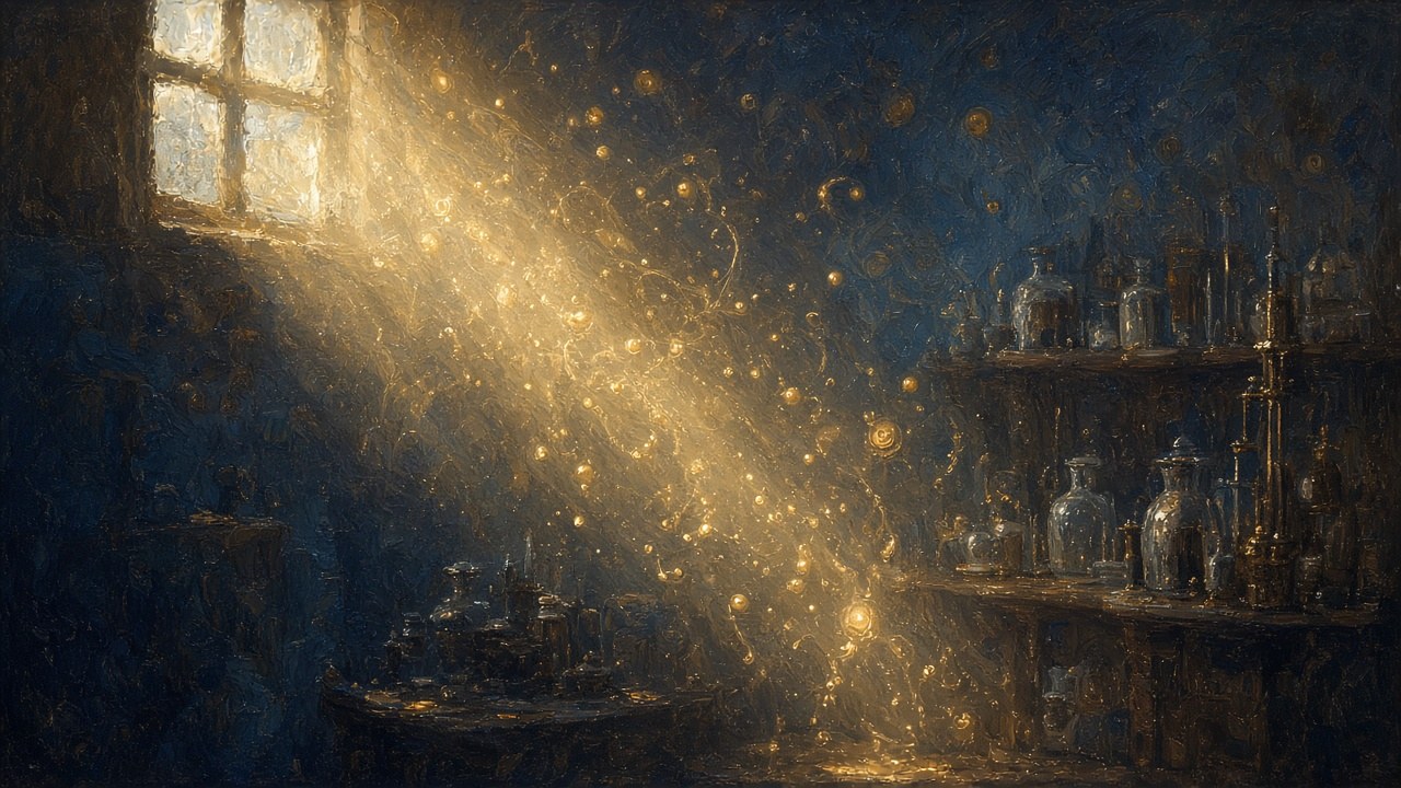 Impressionist painting of glowing dust motes drifting through a shaft of sunlight in a dim old laboratory
