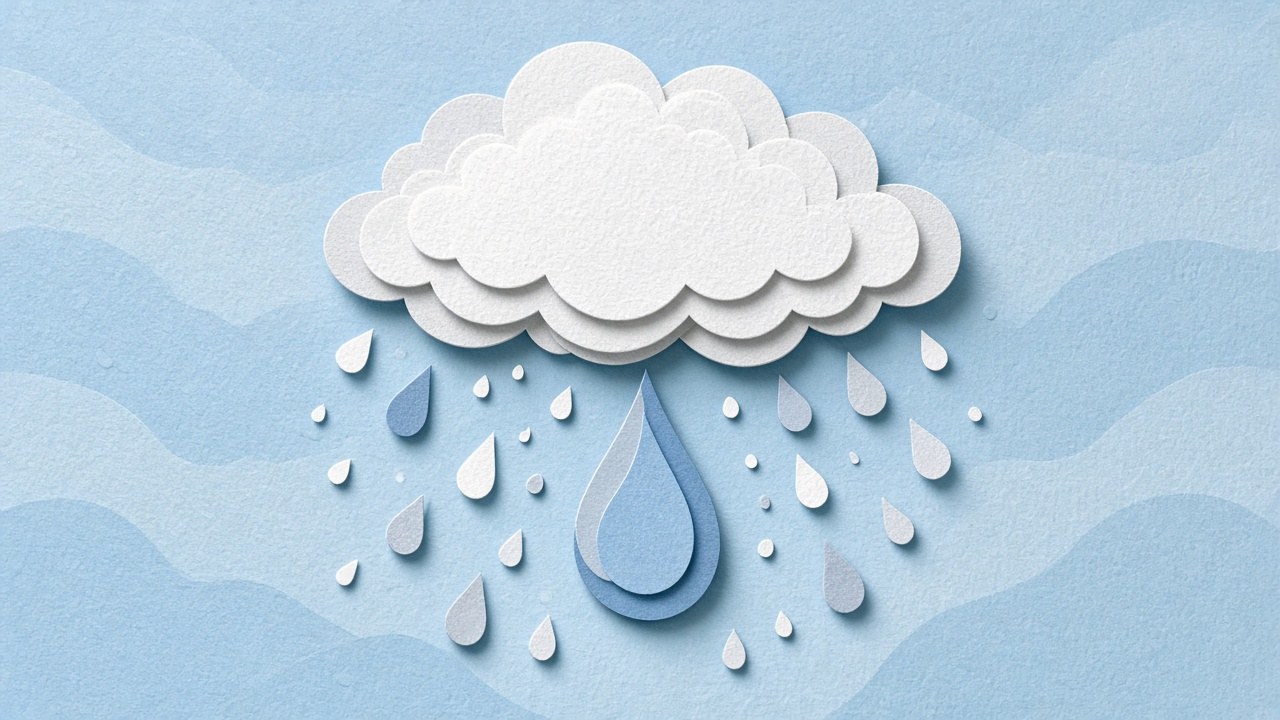 Paper-cut illustration of a white cloud above a large blue raindrop surrounded by smaller droplets